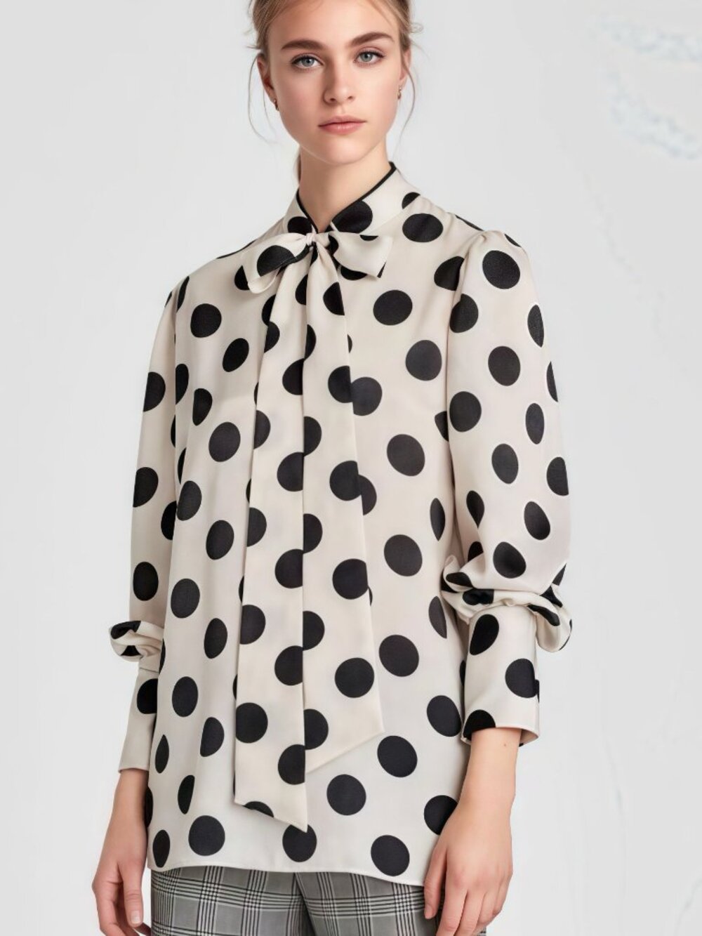 Zara Satin Polka Dot Bow Tie Pearl Cuff Blouse XS